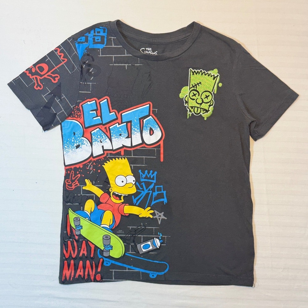 The Simpsons Bart Simpson El Barto Graffiti Graphic T-Shirt Kids Size 8 Gray